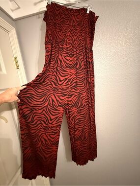 LOFT Beach Red and Black Zebra-Print Strapless Jumpsuit with pockets